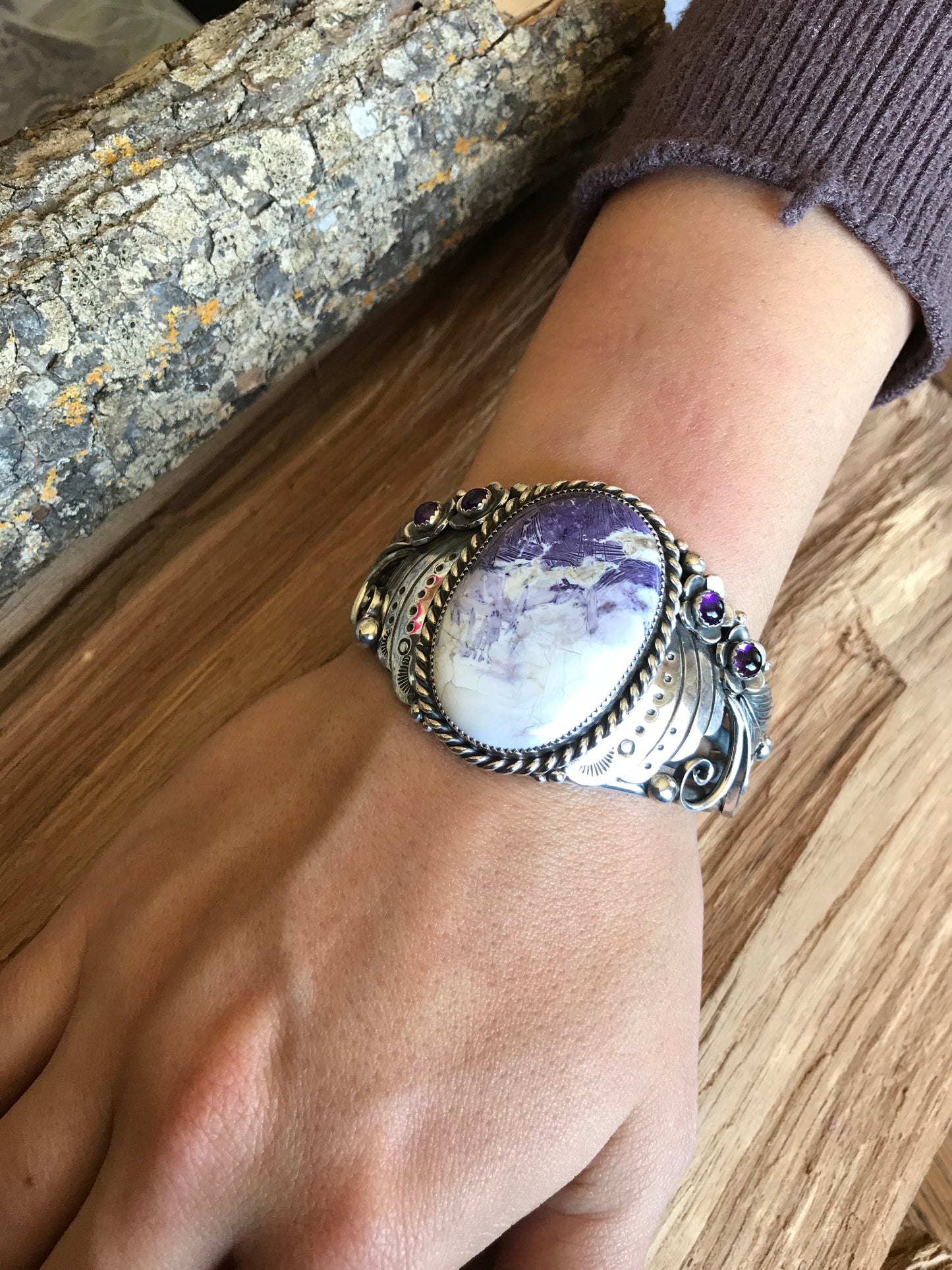 Tiffany Stone and Amethyst Cuff Bracelet~ LARGE WRIST~ Sterling Silver~ Artisan Handmade