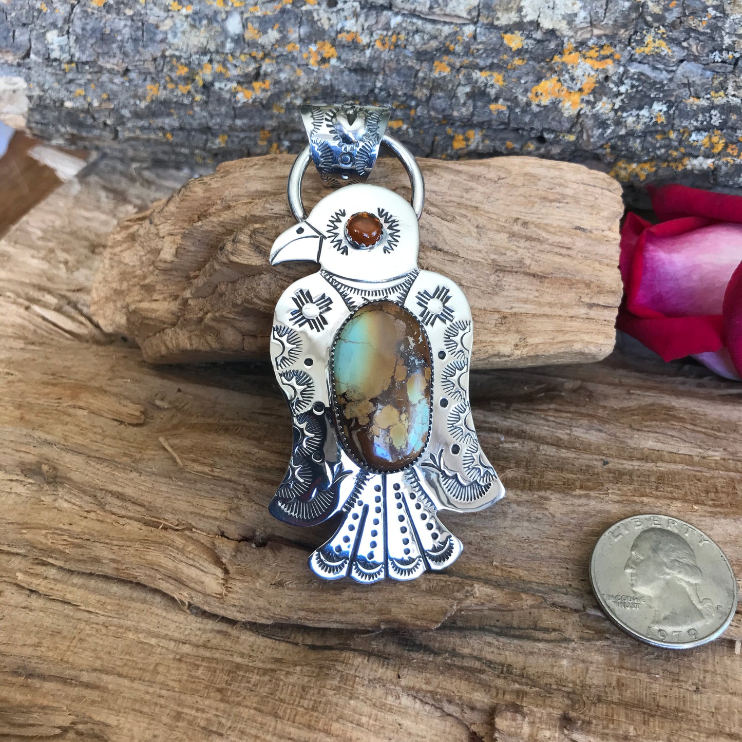 Royston Turquoise Thunderbird pendant~ Sterling Silver~ large pendant~ Artisan Handmade ~ 1081
