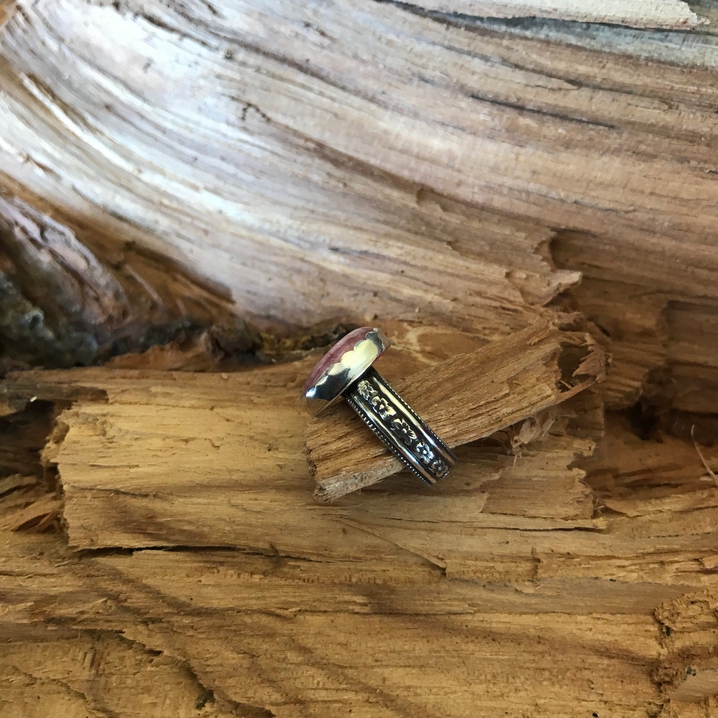 Rhodochrosite Ring~ Sterling Silver~ Artisan Handmade~ ENGLISH COUNTRY GARDEN Series~ Size 4 1/2