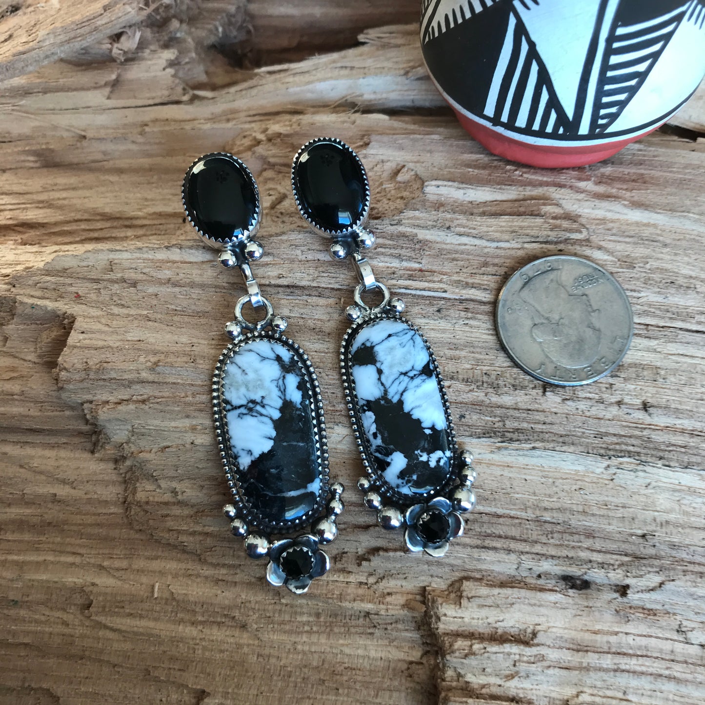 White Buffalo and Black Onyx Earrings~ Sterling Silver~ Artisan Handmade