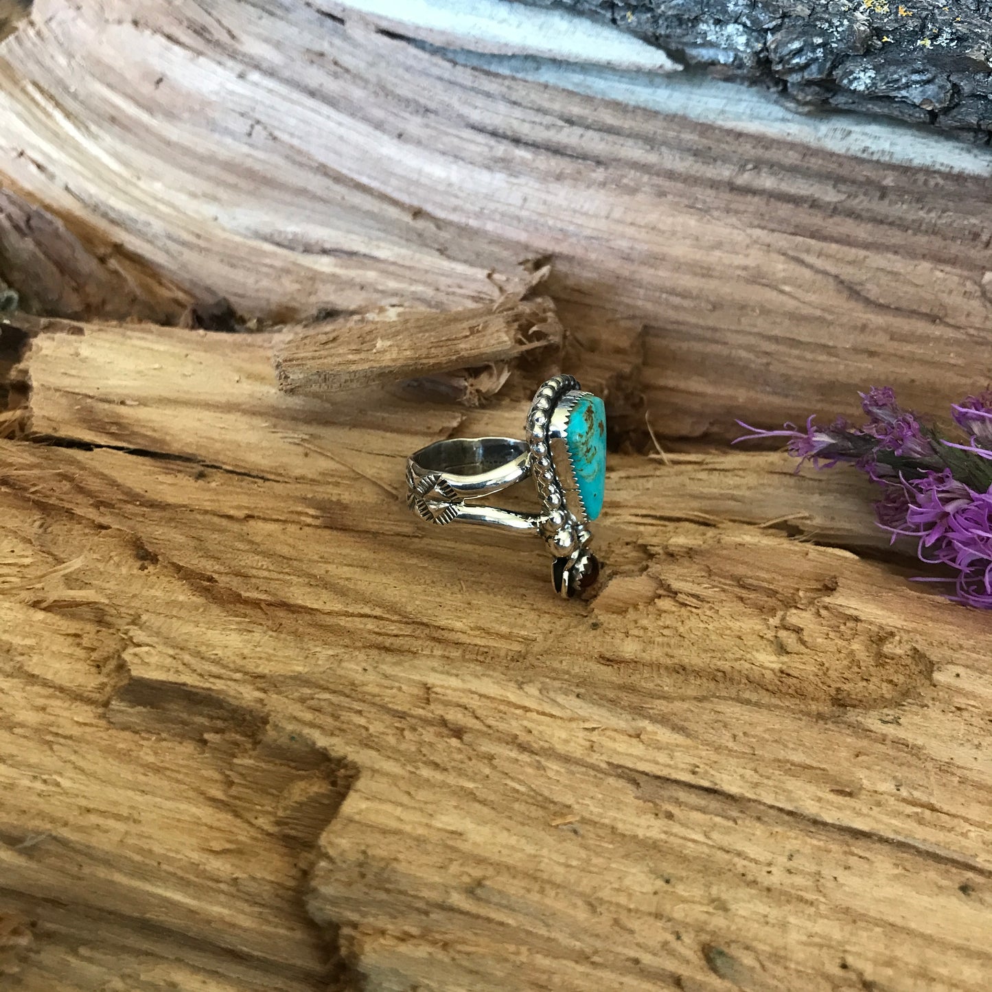 Kings Manassa Turquoise Ring with an Amber Wildflower~ Sterling Silver~ Artisan Handmade~ Size 7 3/4