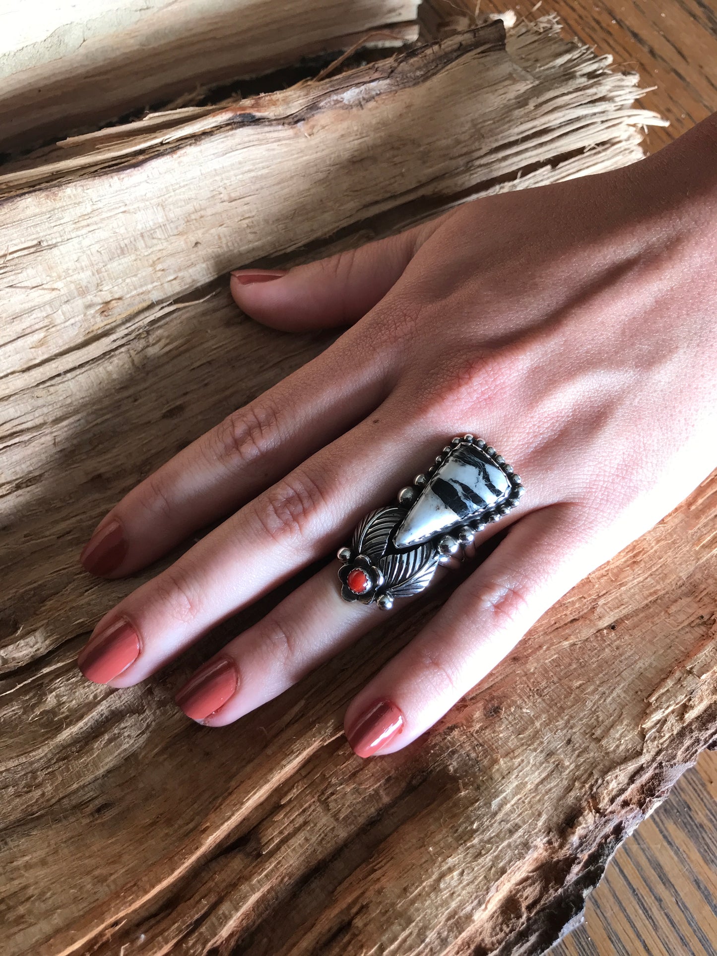 White Buffalo Ring with a Red Coral Wildflower~ Sterling Silver~ Artisan Handmade~ Size 7