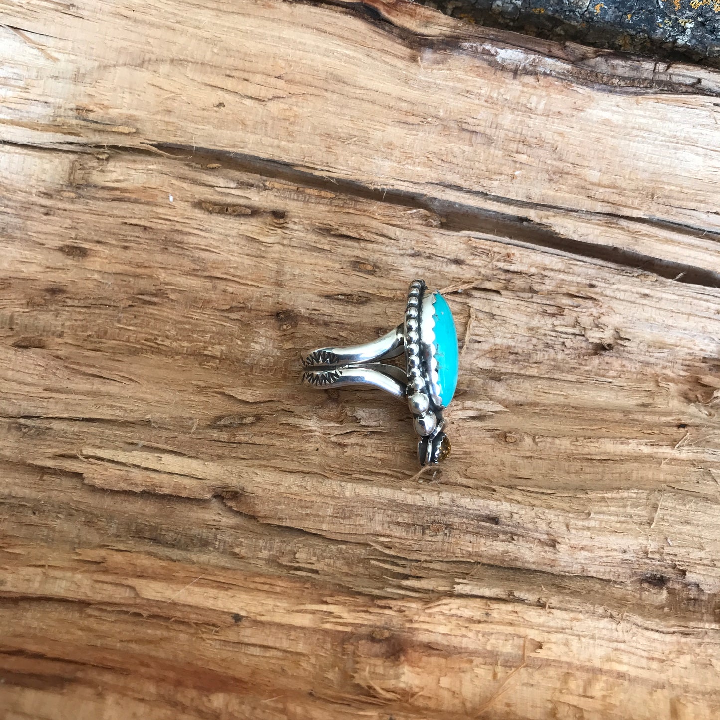 Tyrone Turquoise Ring with a Citrine Wildflower~ Sterling Silver~ Artisan Handmade~ Size 9