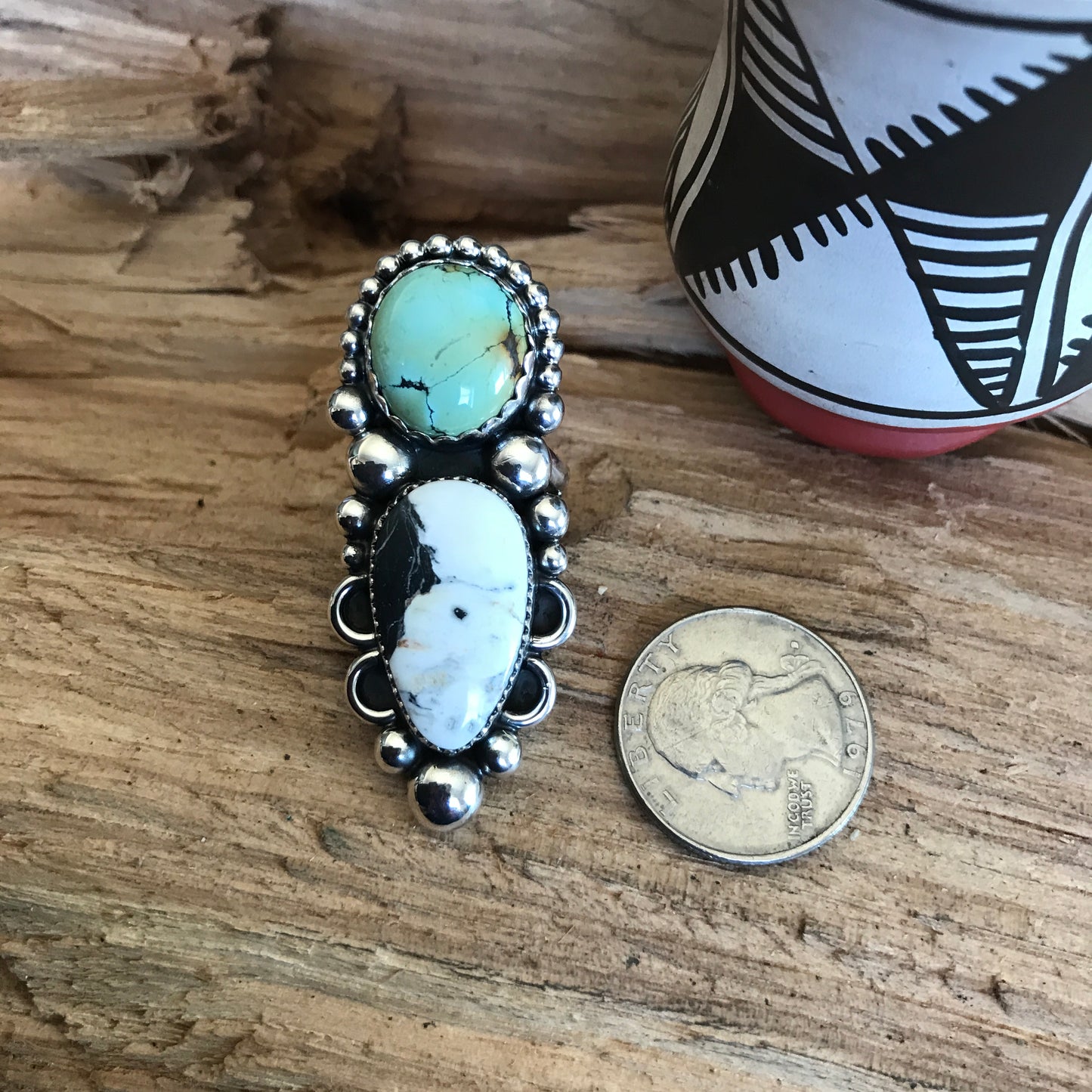 Iron Maiden Turquoise and White Buffalo Ring~ Sterling Silver~ Artisan Handmade~ Size 8 1/4