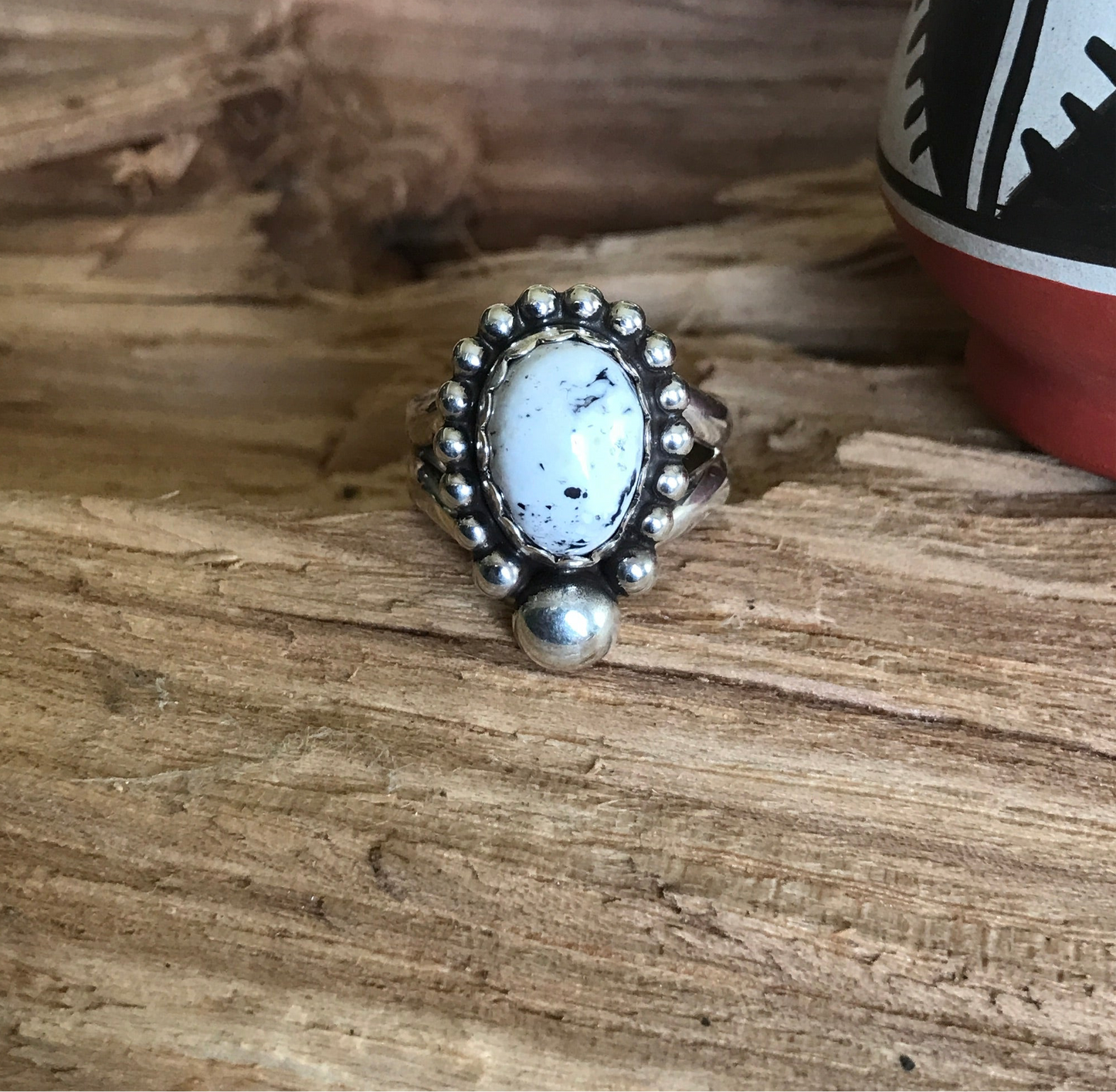 White Buffalo Ring~Sterling Silver~ Artisan Handmade~ Size 8