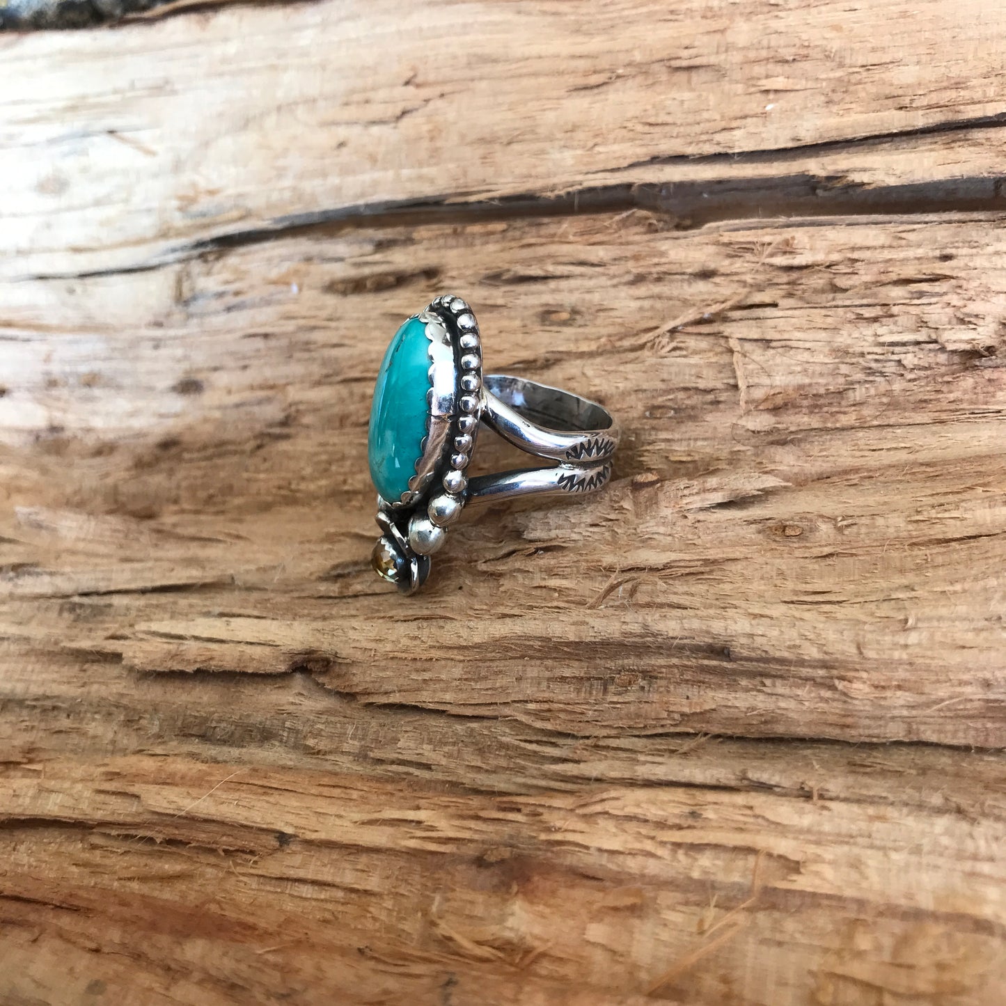 Tyrone Turquoise Ring with a Citrine Wildflower~ Sterling Silver~ Artisan Handmade~ Size 9