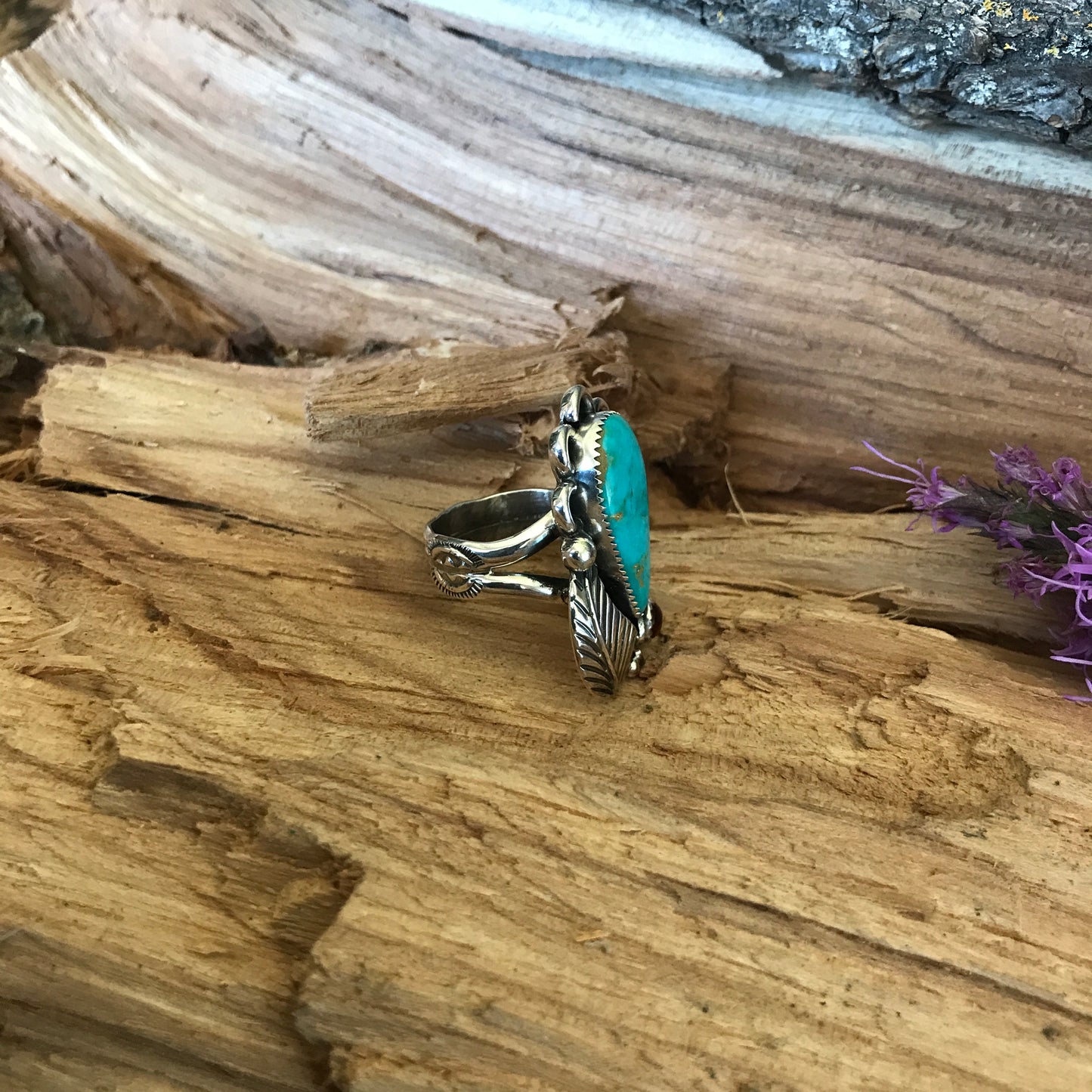 Kings Manassa Turquoise Ring with an Amber Wildflower~ Sterling Silver~ Artisan Handmade~ Size 8 1/4