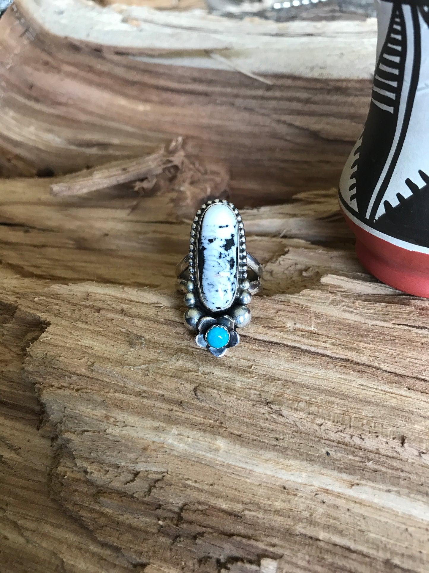 White Buffalo Ring with a Sleeping Beauty Wildflower~ Sterling Silver~Size 9 1/4~RTS040