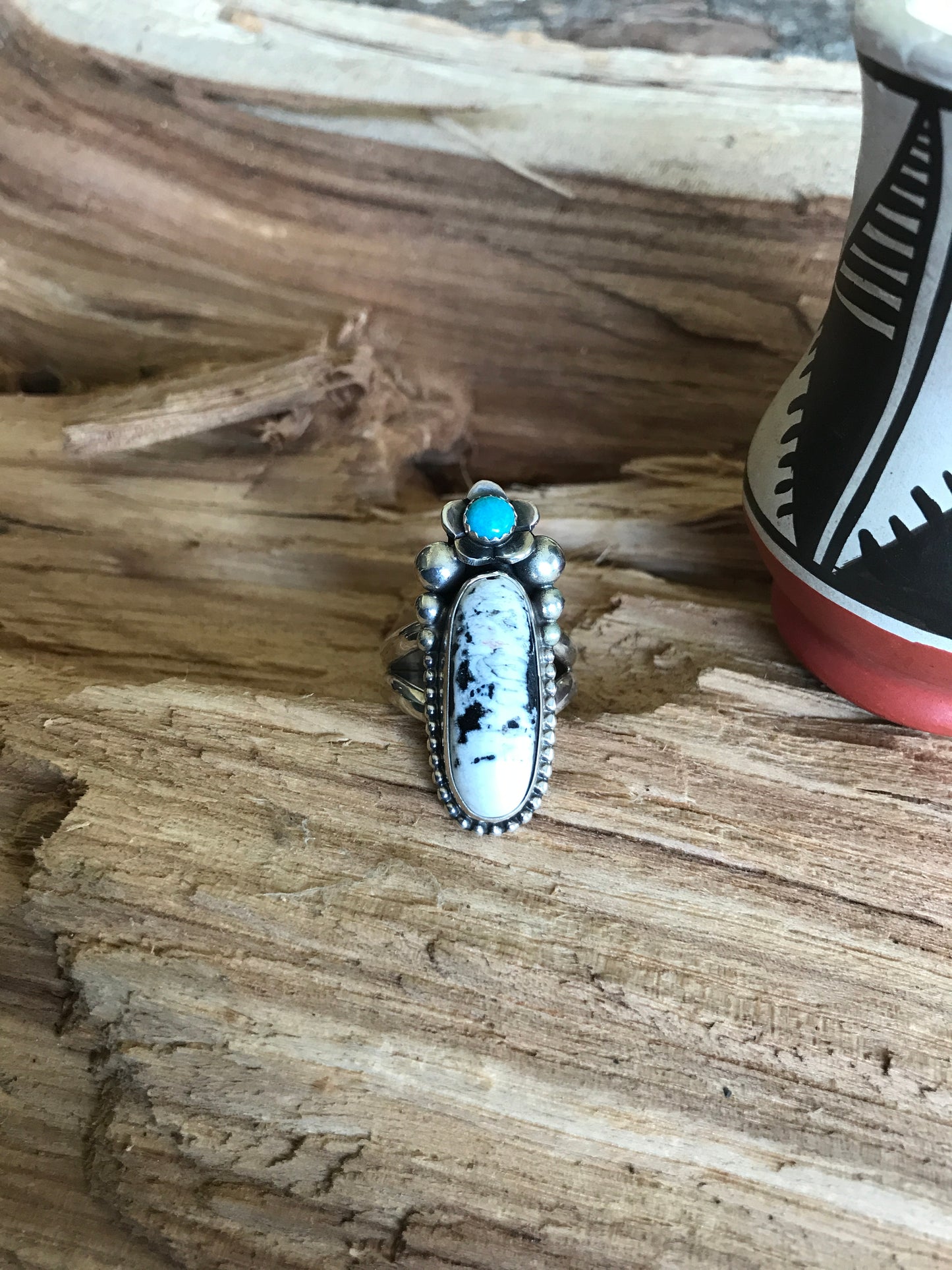 White Buffalo Ring with a Sleeping Beauty Wildflower~ Sterling Silver~Size 9 1/4~RTS040