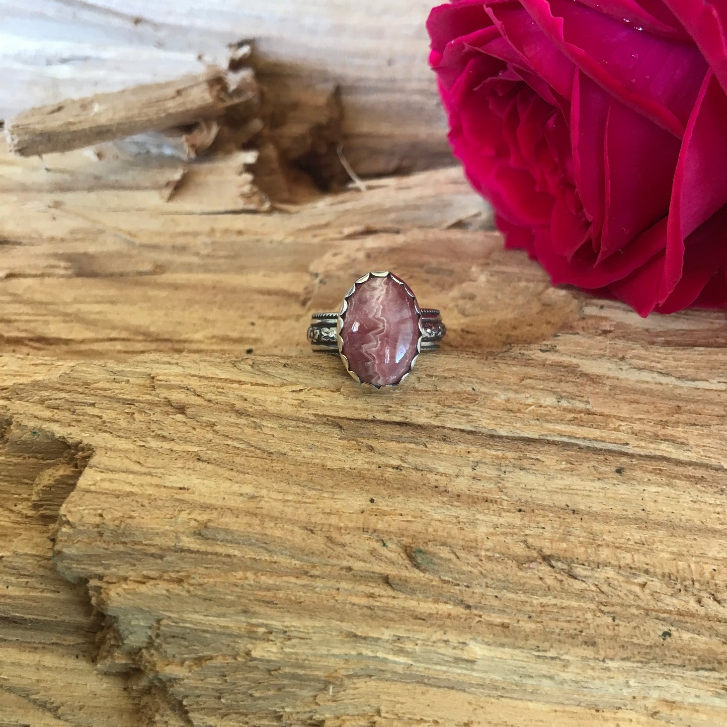 Rhodochrosite Ring~ Sterling Silver~ Artisan Handmade~ ENGLISH COUNTRY GARDEN Series~ Size 4 1/2