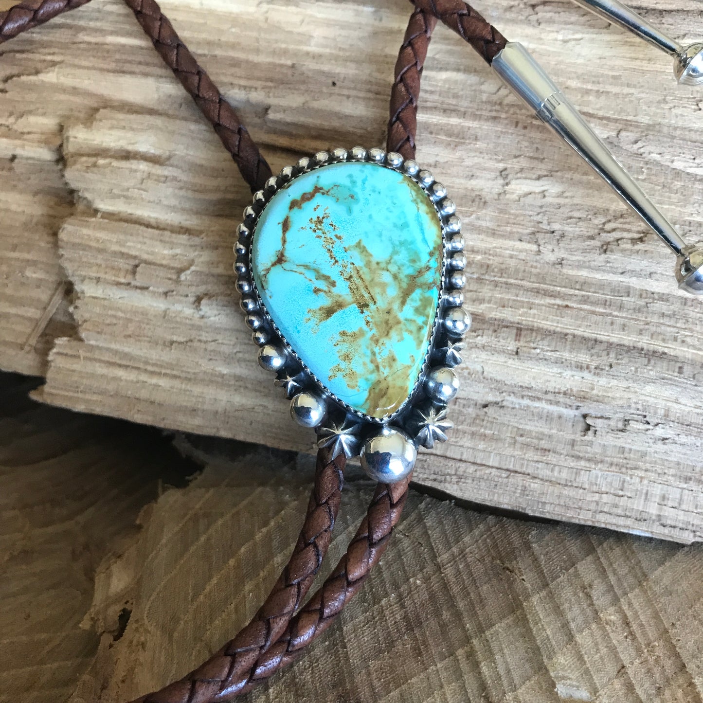 Pilot Mountain Turquoise Bolo Tie~ Sterling Silver~ real leather cord