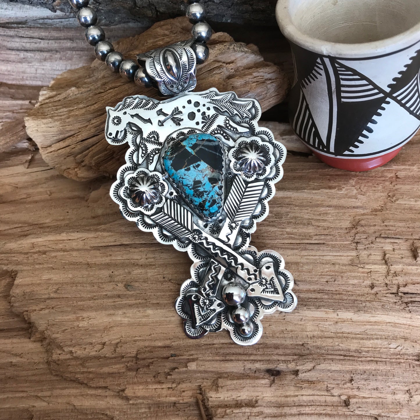 SPIRIT PONY CROSSED ARROWS pendant with Blue Moon Turquoise~ Sterling Silver~ Huge pendant~ Artisan Handmade