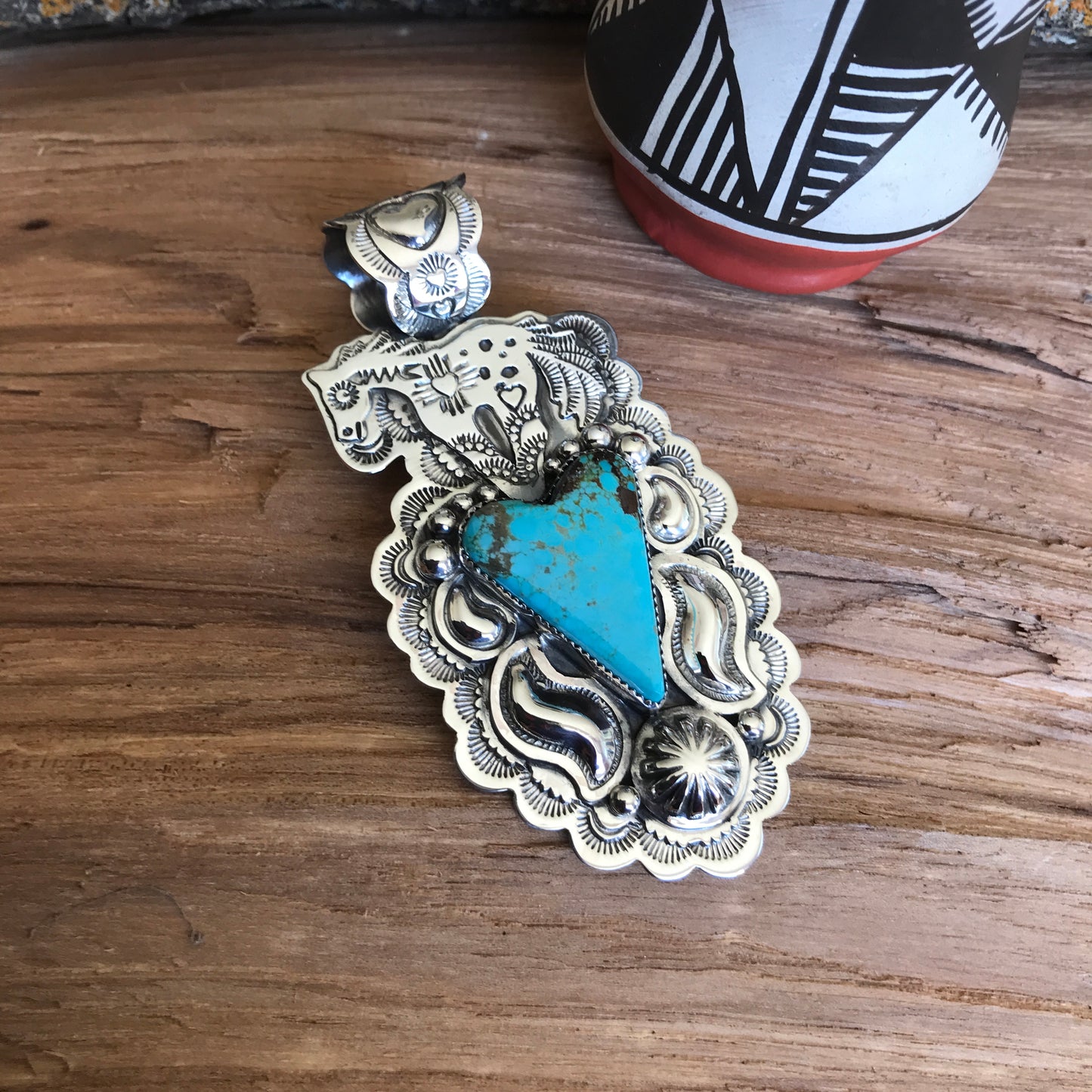 SPIRIT PONY Repousse pendant with #8 Turquoise~ Sterling Silver~ Large pendant~ Artisan Handmade