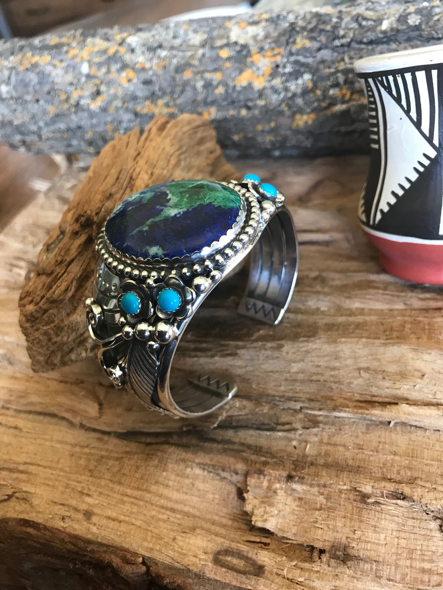 Bluebird Azurite cuff Bracelet with Sleeping Beauty Wildflowers~ Sterling Silver~ Artisan Handmade
