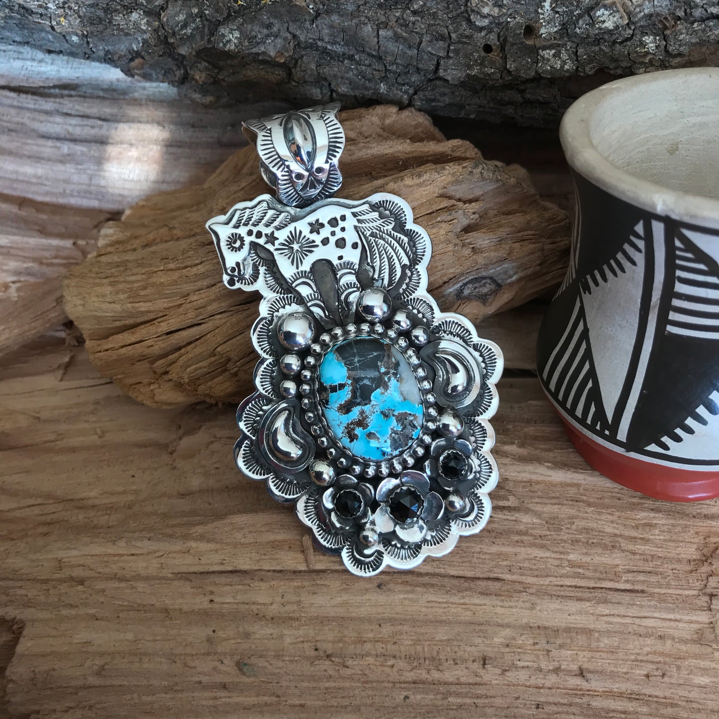 SPIRIT PONY pendant with Blue Moon Turquoise~ Sterling Silver~ large pendant~ Artisan Handmade