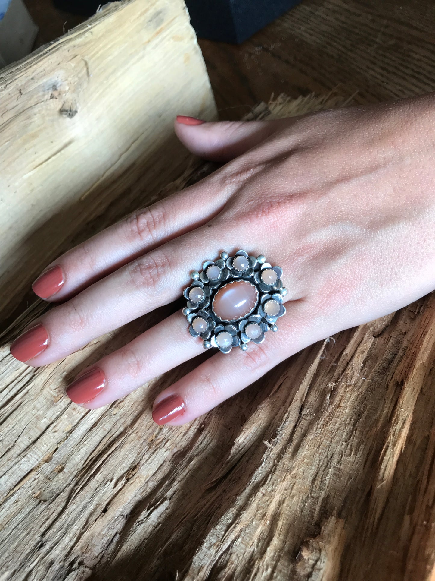 FLORA de SANTA FE Ring~Sterling Silver~ Peach Moonstone~ Artisan Handmade~ Size 6