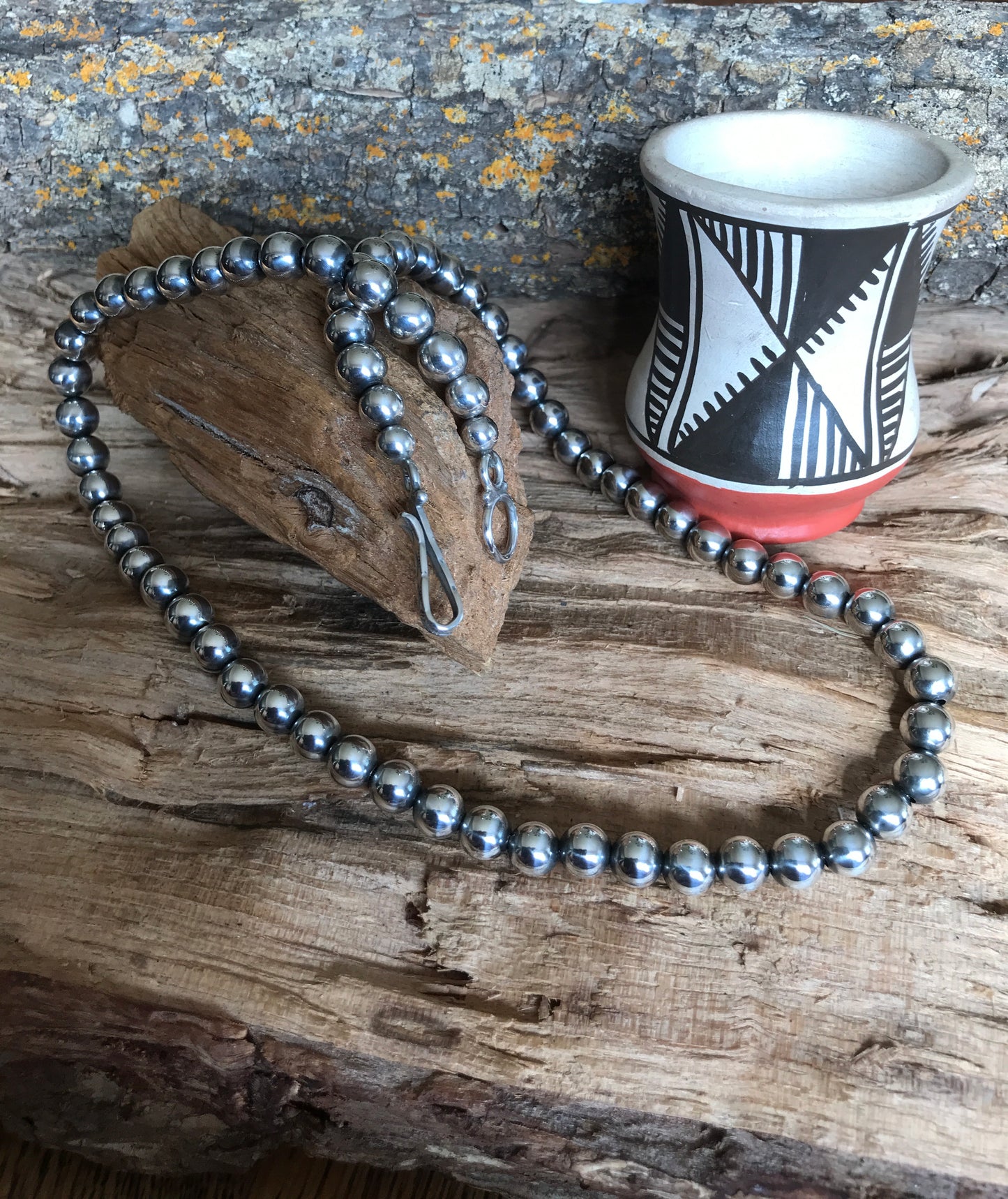Navajo Pearls 18 1/2 inch~ Sterling Silver~ 7mm beads~ Soldered Handmade Catches~ Strung on Squashblossom heavy braided Foxtail~ 1007