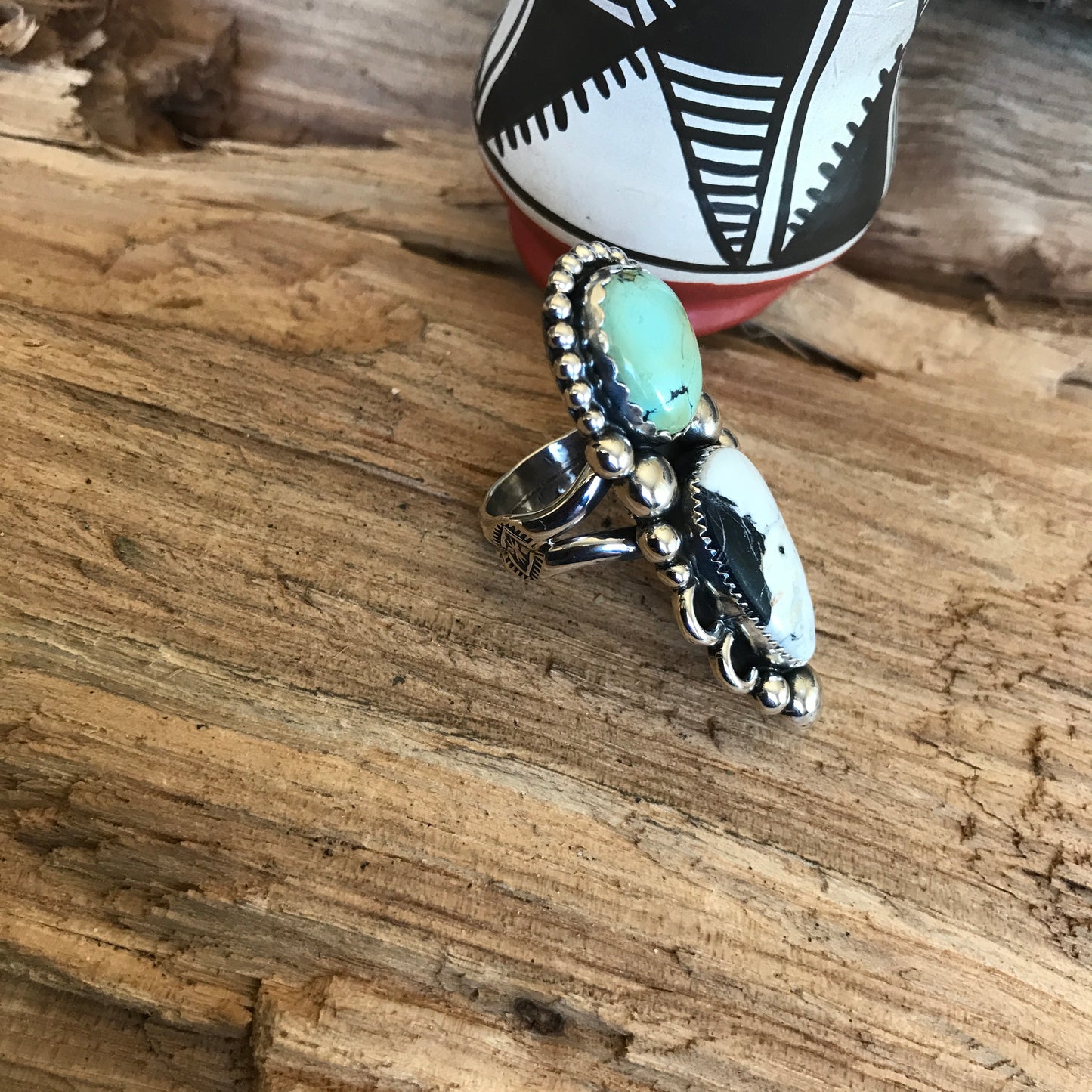 Iron Maiden Turquoise and White Buffalo Ring~ Sterling Silver~ Artisan Handmade~ Size 8 1/4