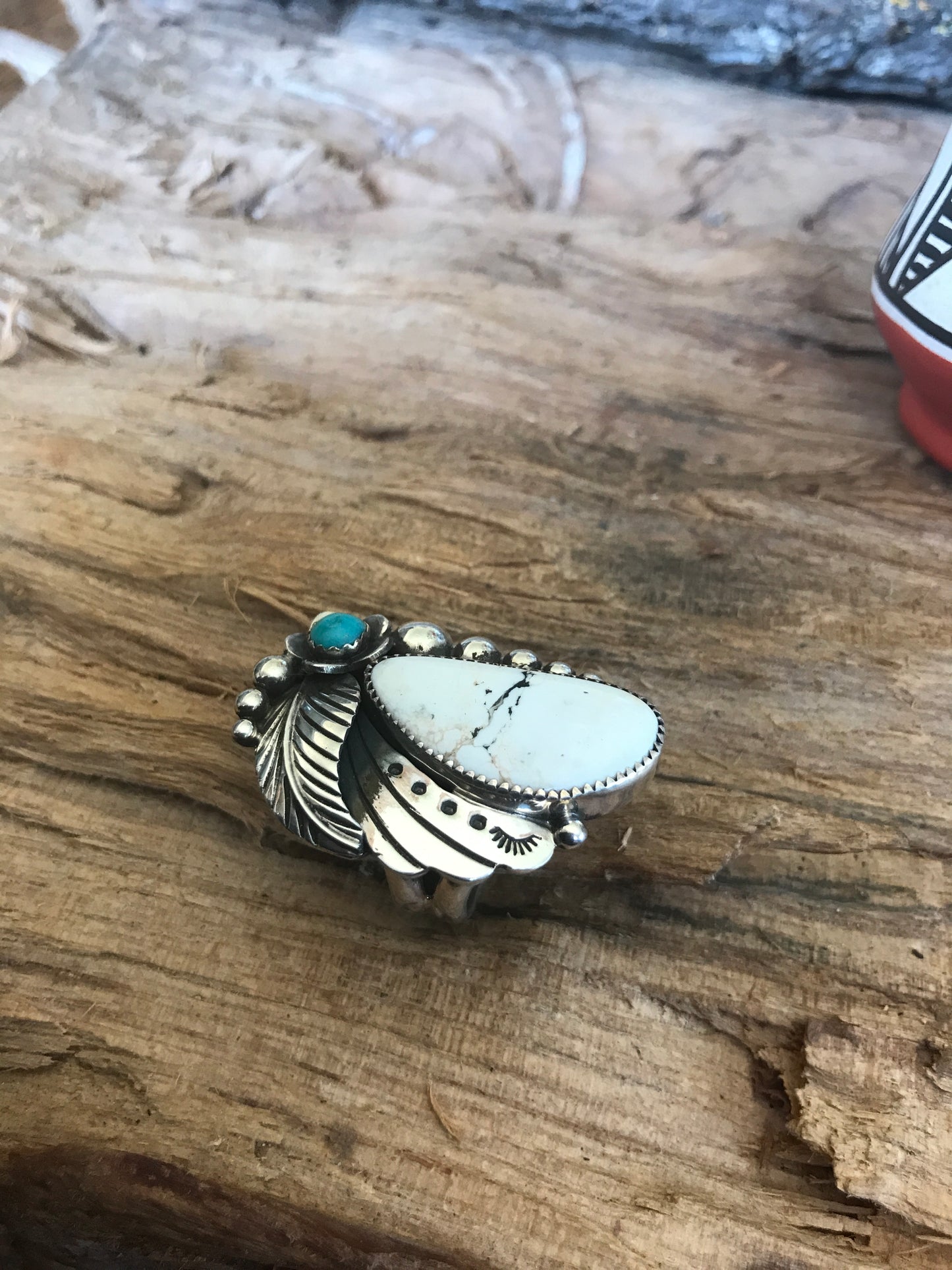 White Buffalo Ring with a Carico Lake Turquoise Wildflower~ Sterling Silver~ Size 8