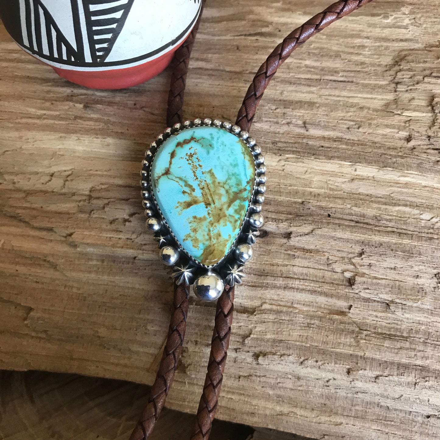 Pilot Mountain Turquoise Bolo Tie~ Sterling Silver~ real leather cord