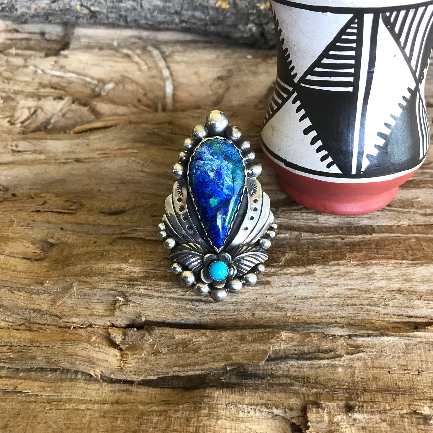 Bluebird Azurite with a Sleeping Beauty Wildflower Ring~Sterling Silver~ Artisan Handmade~ Size 7 3/4