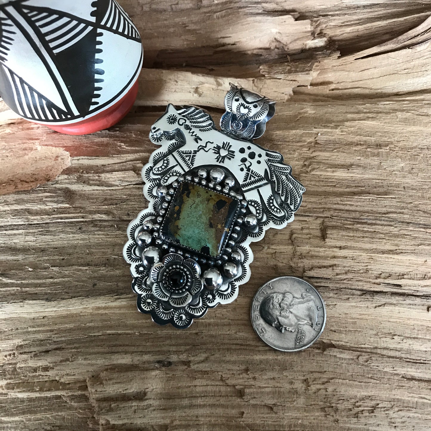 Black Jack Turquoise SPIRIT PONY Pendant~ Sterling Silver~ Artisan Handmade