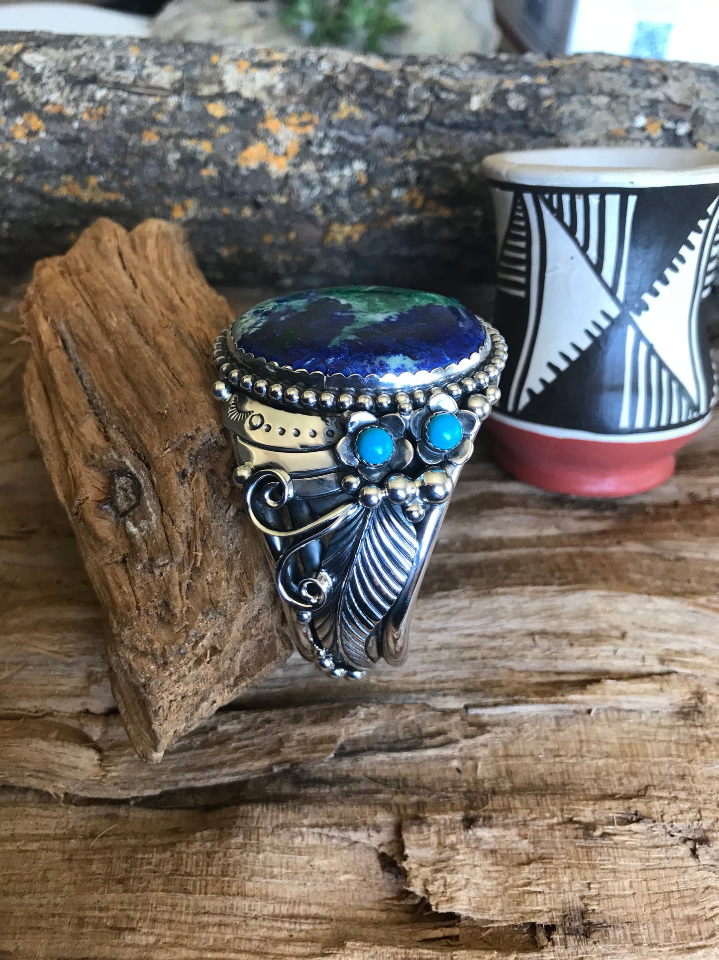 Bluebird Azurite cuff Bracelet with Sleeping Beauty Wildflowers~ Sterling Silver~ Artisan Handmade