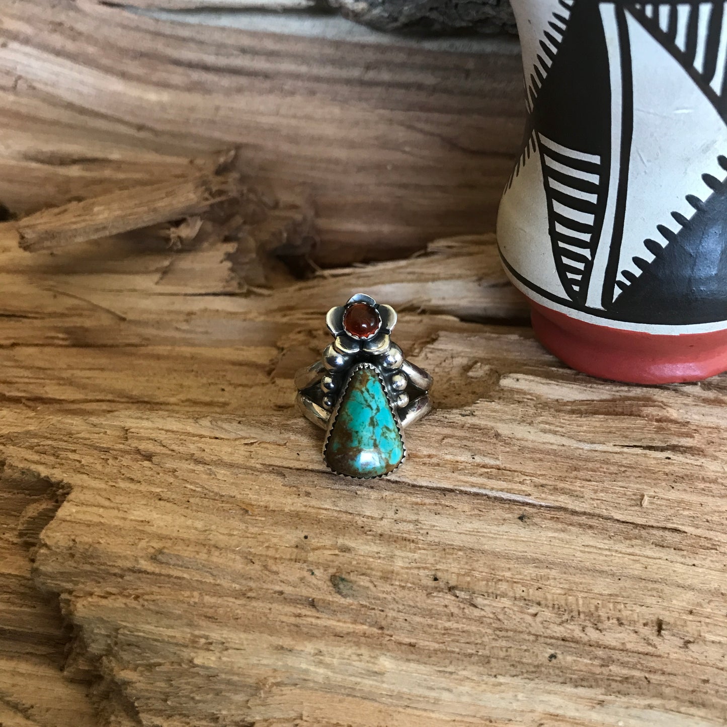 Kings Manassa Turquoise Ring with an Amber Wildflower~ Sterling Silver~ Artisan Handmade~ Size 8 1/2