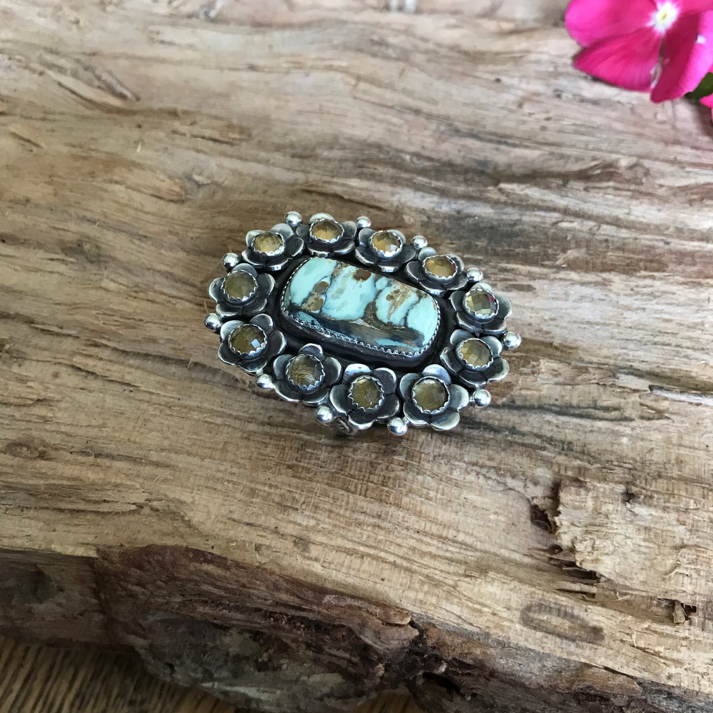 FLORA de SANTA FE ~ 7 Dwarfs Turquoise ring with Citrine Wildflowers ~ Sterling Silver~ Artisan Handmade ~ size 10 1/2