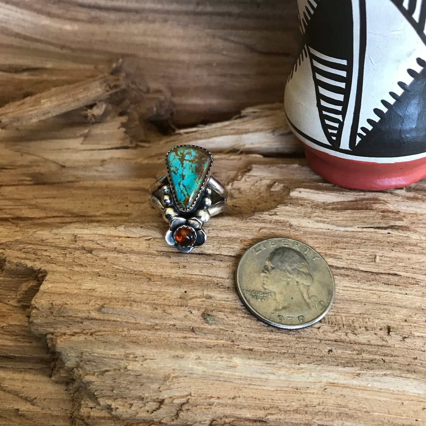 Kings Manassa Turquoise Ring with an Amber Wildflower~ Sterling Silver~ Artisan Handmade~ Size 8 1/2