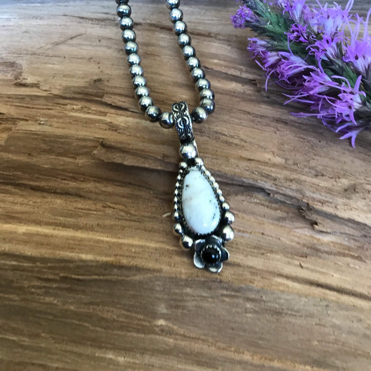 White Buffalo Turquoise pendant with a Black Onyx Wildflower~ Sterling Silver~ Artisan Handmade