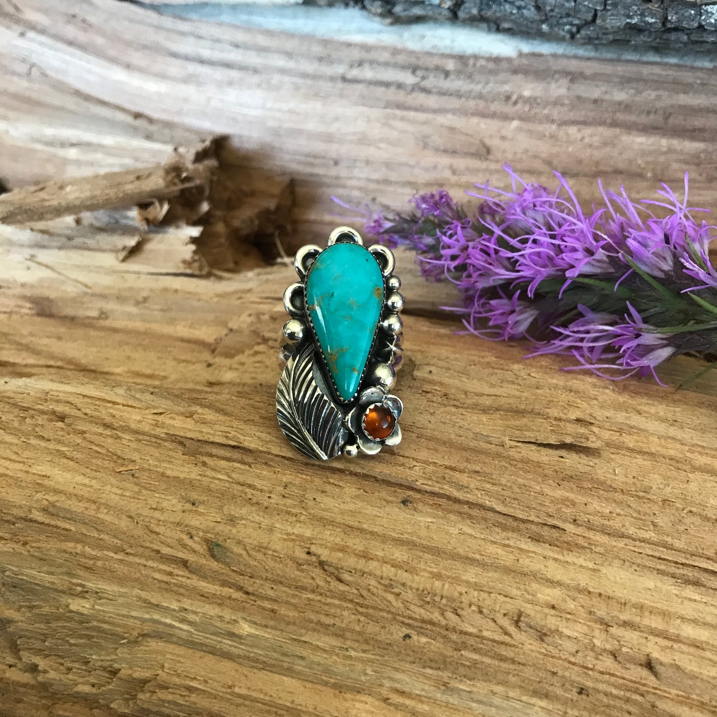 Kings Manassa Turquoise Ring with an Amber Wildflower~ Sterling Silver~ Artisan Handmade~ Size 8 1/4