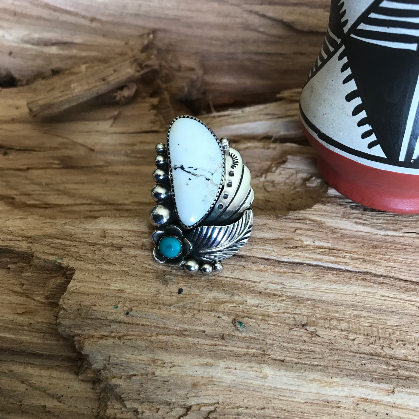 White Buffalo Ring with a Carico Lake Turquoise Wildflower~ Sterling Silver~ Size 8