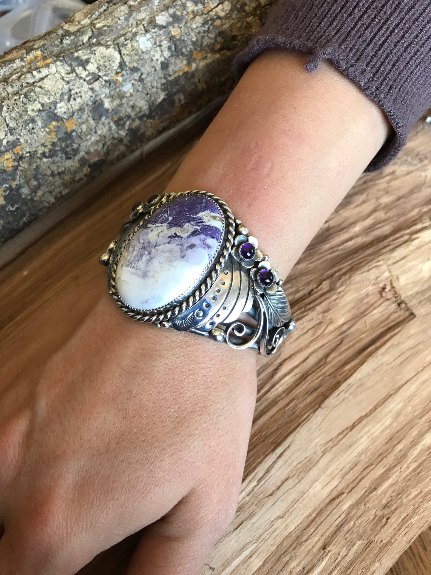 Tiffany Stone and Amethyst Cuff Bracelet~ LARGE WRIST~ Sterling Silver~ Artisan Handmade
