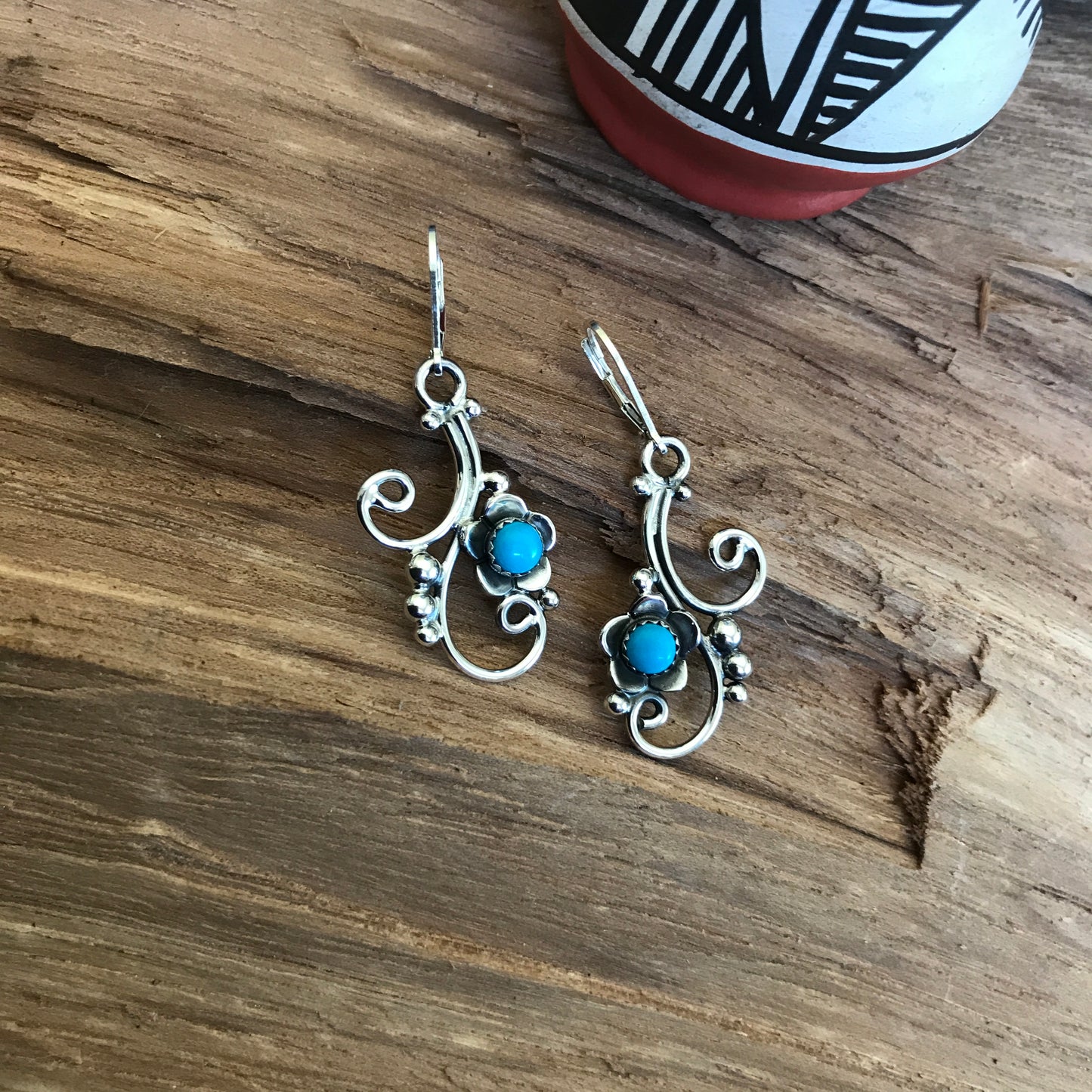 Sleeping Beauty Silver Swirl earrings~ Sterling Silver~ dangle Earrings~ Artisan Handmade