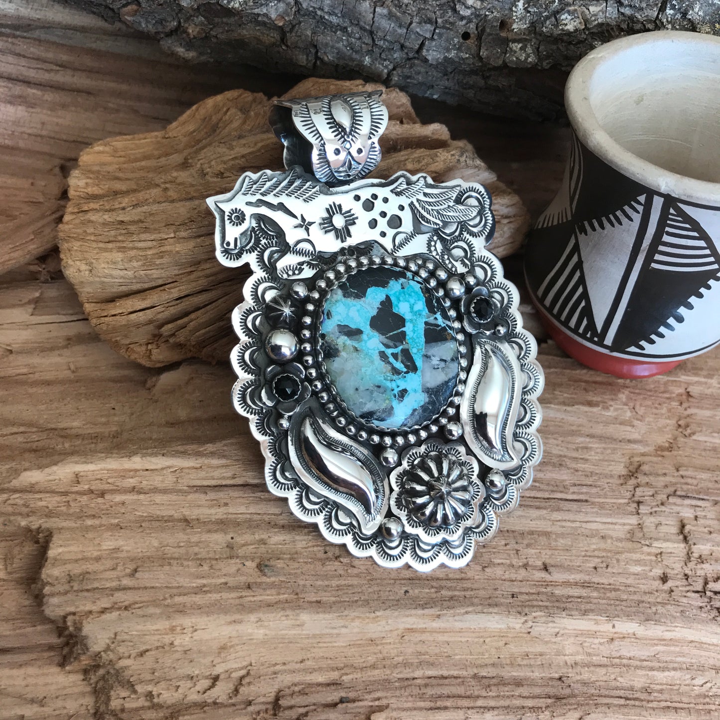 SPIRIT PONY Repousse pendant with Blue Moon Turquoise~ Sterling Silver~ Huge pendant~ Artisan Handmade