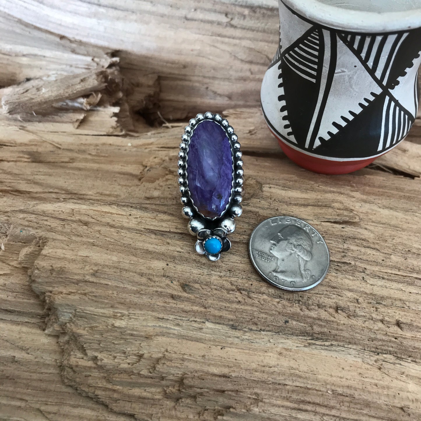 Charoite and Sleeping Beauty Turquoise Ring~Sterling Silver~ Artisan Handmade~ Size 7 1/2