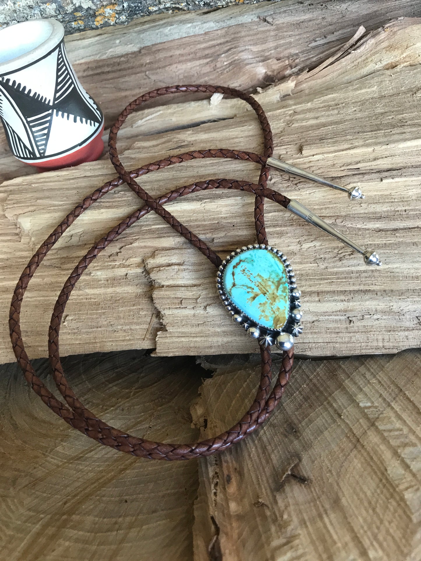 Pilot Mountain Turquoise Bolo Tie~ Sterling Silver~ real leather cord