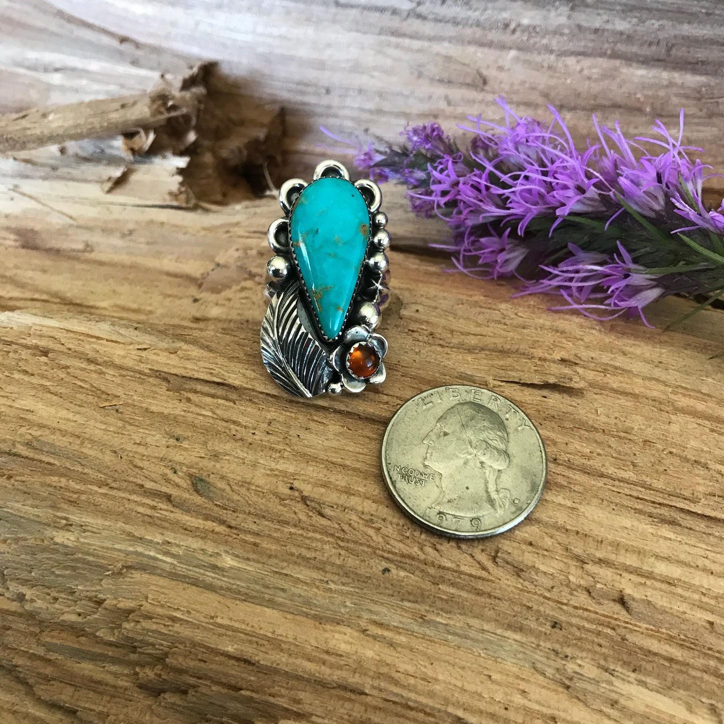 Kings Manassa Turquoise Ring with an Amber Wildflower~ Sterling Silver~ Artisan Handmade~ Size 8 1/4