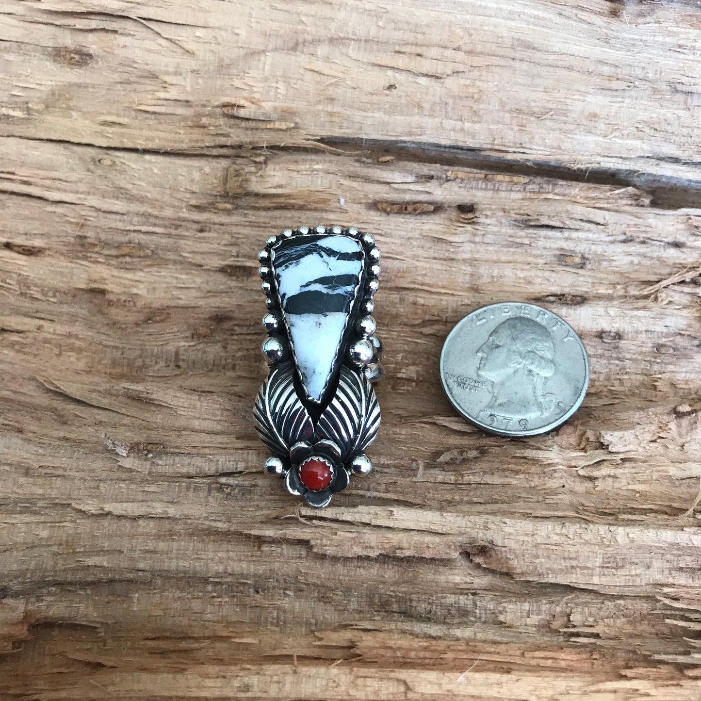 White Buffalo Ring with a Red Coral Wildflower~ Sterling Silver~ Artisan Handmade~ Size 7