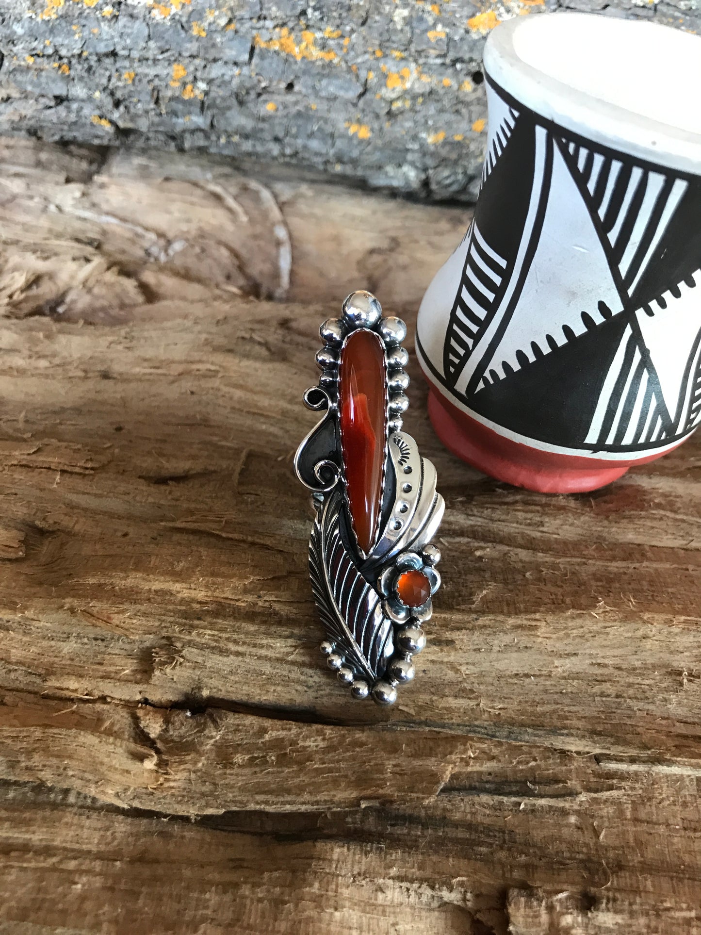 Rosarita Statement Ring with a Carnelian Wildflower~ Sterling Silver~ Artisan Handmade~ Size 6