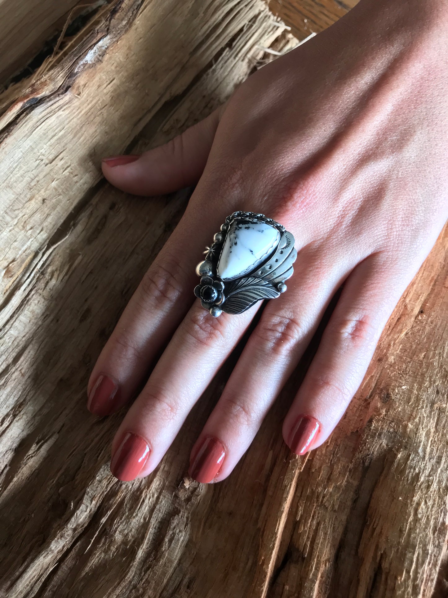 White Buffalo Ring~Sterling Silver~ Artisan Handmade~ Size 9 1/4