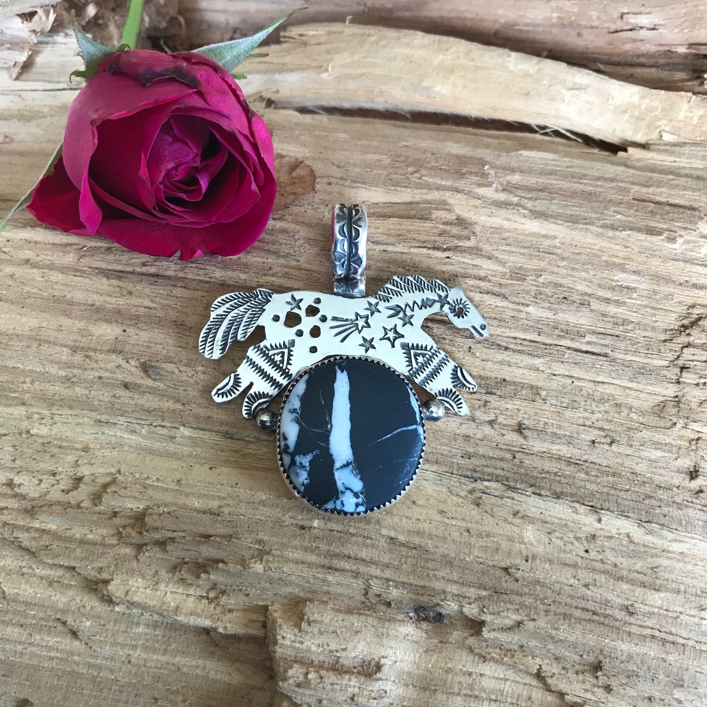 SPIRIT PONY pendant with White Buffalo~ Sterling Silver~ Artisan Handmade
