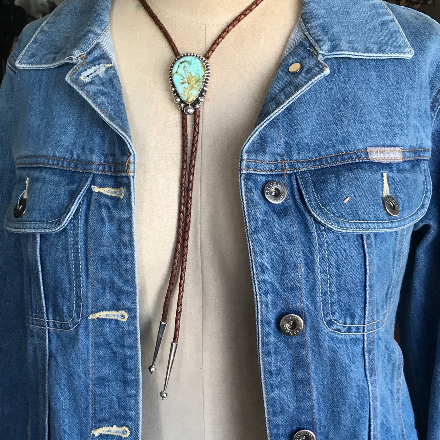 Pilot Mountain Turquoise Bolo Tie~ Sterling Silver~ real leather cord