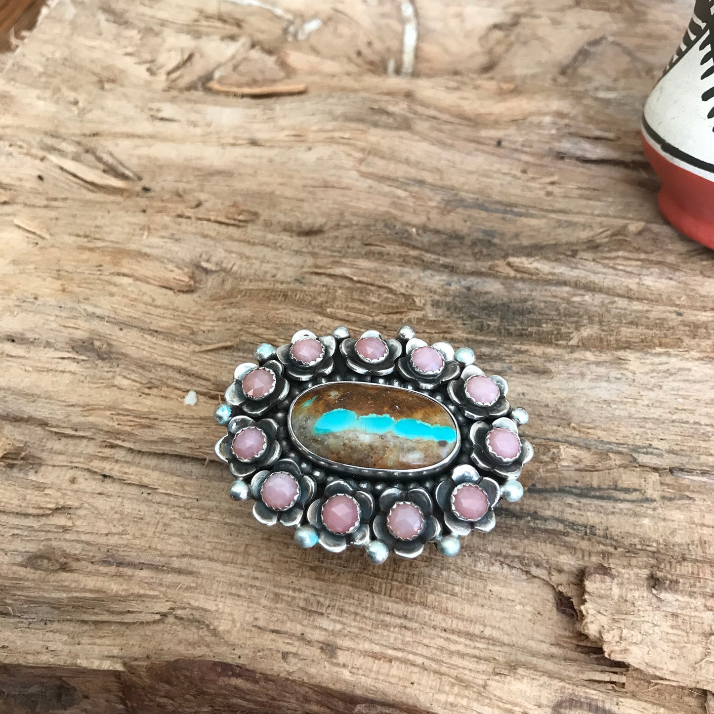 FLORA de SANTA FE Ring~Sterling Silver~ Royston Ribbon Turquoise and Pink Opal~ Artisan Handmade~ Size 8
