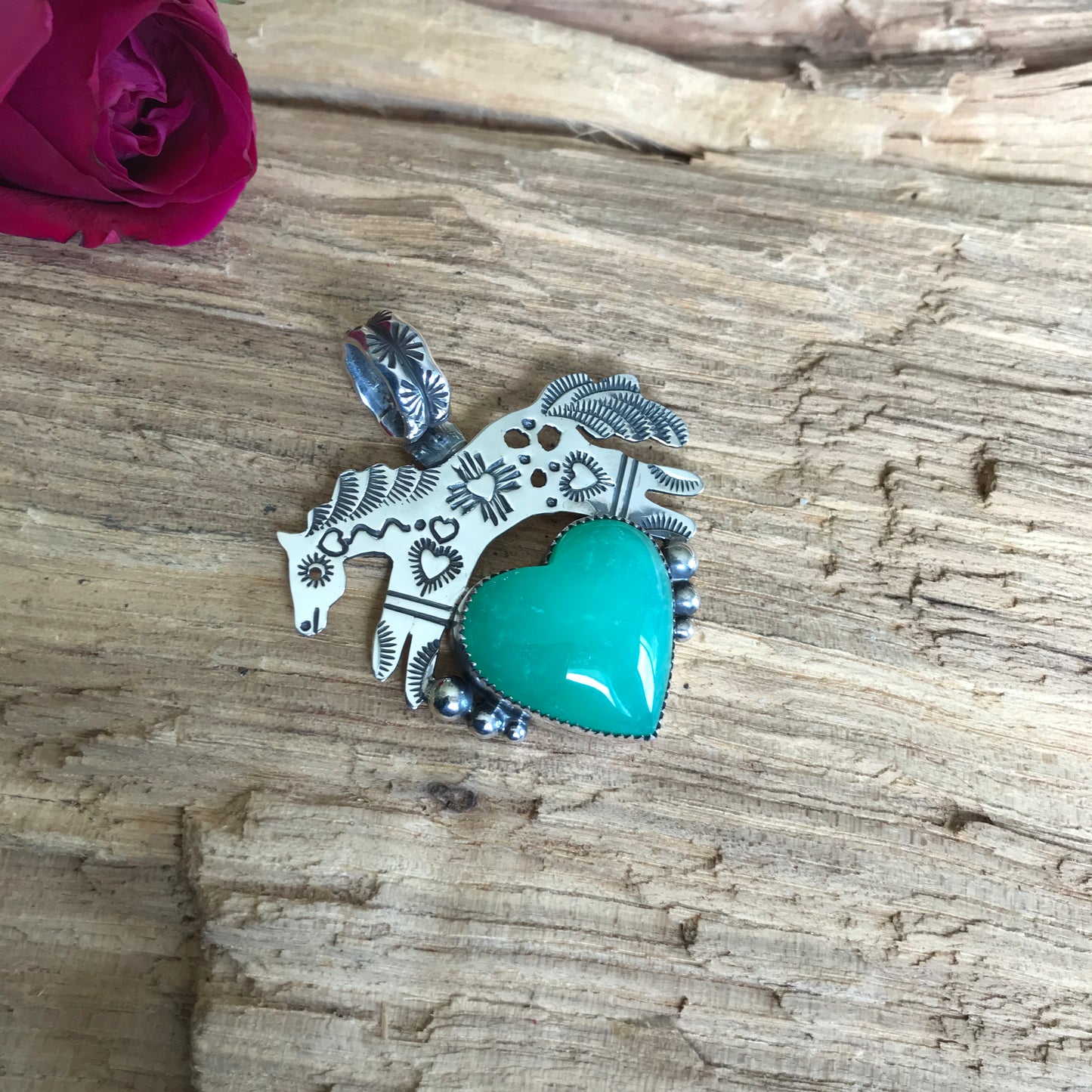 SPIRIT PONY~ Chrysoprase Heart pendant~ Sterling Silver~ Artisan Handmade ~ 1072