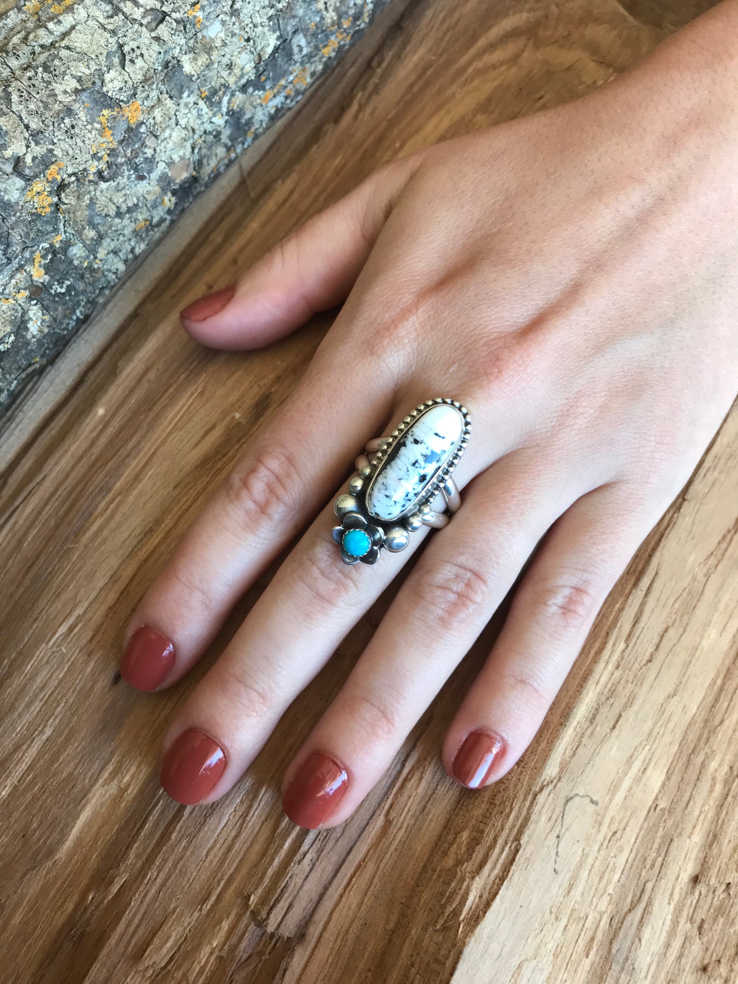 White Buffalo Ring with a Sleeping Beauty Wildflower~ Sterling Silver~Size 9 1/4~RTS040