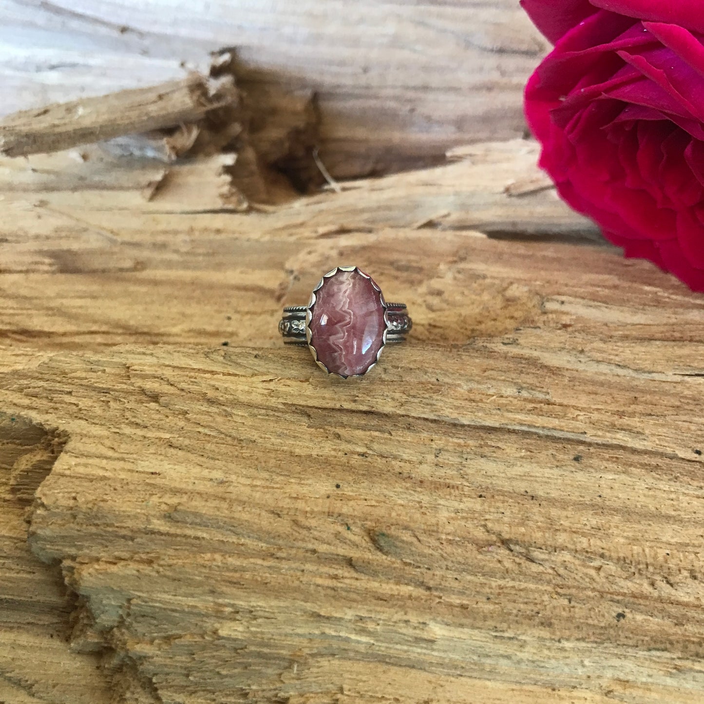 Rhodochrosite Ring~ Sterling Silver~ Artisan Handmade~ ENGLISH COUNTRY GARDEN Series~ Size 4 1/2