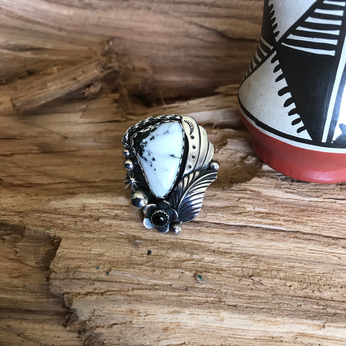 White Buffalo Ring~Sterling Silver~ Artisan Handmade~ Size 9 1/4