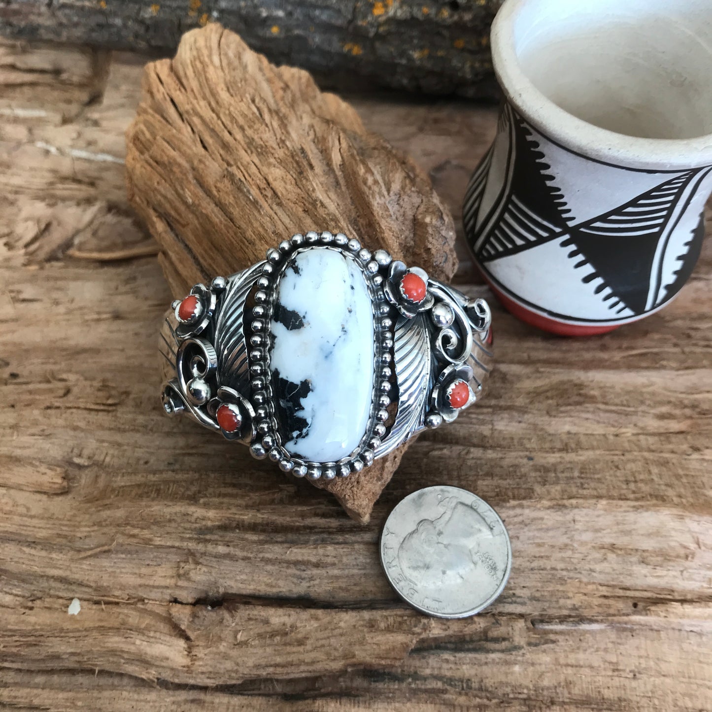 White Buffalo Cuff Bracelet with Red Coral Wildflowers~ Sterling Silver~ Artisan Handmade~RTS020